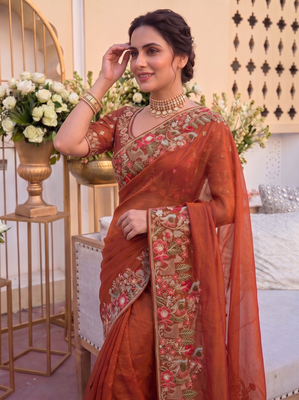 winning rust orange c-pallu embroidery with piping border fendy satin indian wedding saree 3