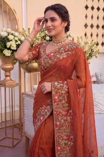 winning rust orange c-pallu embroidery with piping border fendy satin indian wedding saree