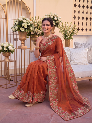 winning rust orange c-pallu embroidery with piping border fendy satin indian wedding saree 4