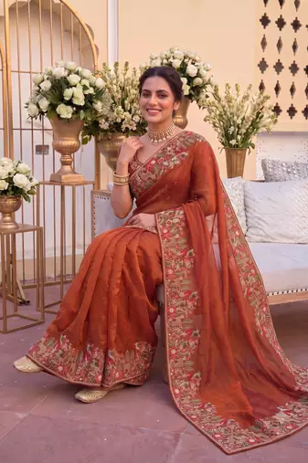 winning rust orange c-pallu embroidery with piping border fendy satin indian wedding saree