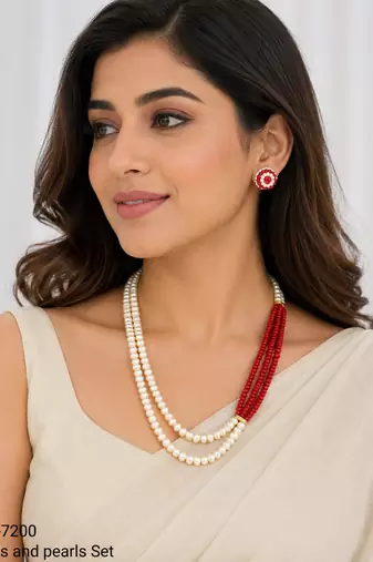Pearl and red coral bead multilayer necklace set with earrings