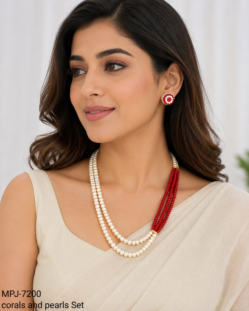 Pearl and red coral bead multilayer necklace set with earrings