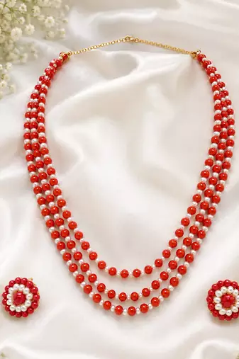 Red coral bead & pearl 3-layer necklace set with stud earrings