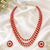 Red coral bead & pearl 3-layer necklace set with stud earrings