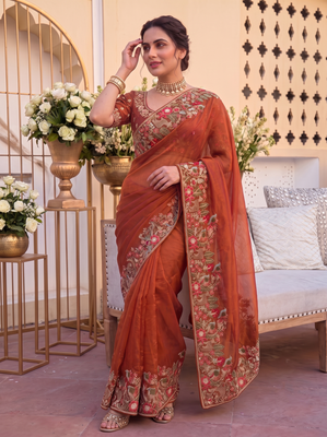 winning rust orange c-pallu embroidery with piping border fendy satin indian wedding saree 5