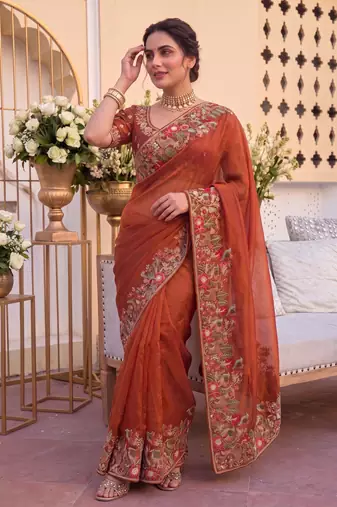 winning rust orange c-pallu embroidery with piping border fendy satin indian wedding saree
