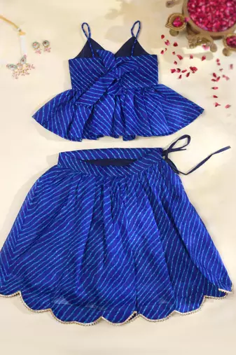 Royal Blue Leheriya Kota Doria Peplum Top & Wrap Skirt Co-ord Set