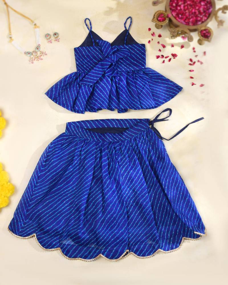 Royal Blue Leheriya Kota Doria Peplum Top & Wrap Skirt Co-ord Set