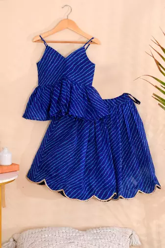 Royal Blue Leheriya Kota Doria Peplum Top & Wrap Skirt Co-ord Set