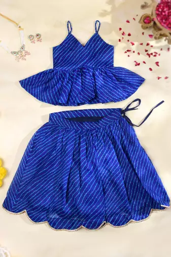 Royal Blue Leheriya Kota Doria Peplum Top & Wrap Skirt Co-ord Set