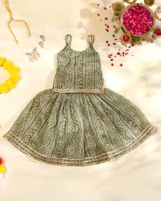 Olive Green Bandhani Kota Doria Crop Top & Flared Skirt Co-ord Set 1