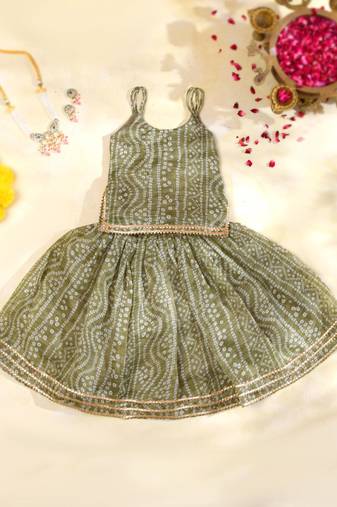 Olive Green Bandhani Kota Doria Crop Top & Flared Skirt Co-ord Set