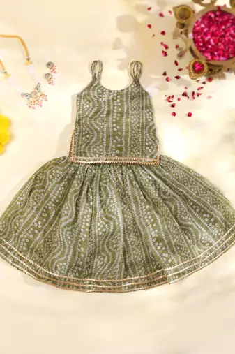 Olive Green Bandhani Kota Doria Crop Top & Flared Skirt Co-ord Set