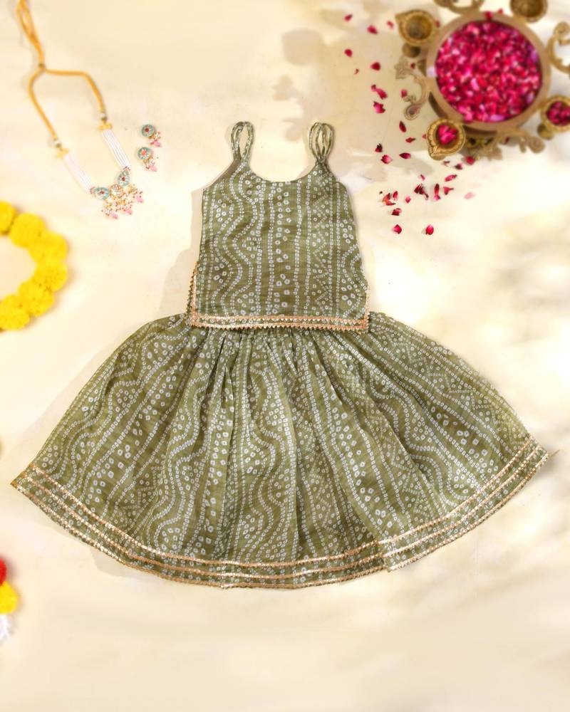 Olive Green Bandhani Kota Doria Crop Top & Flared Skirt Co-ord Set