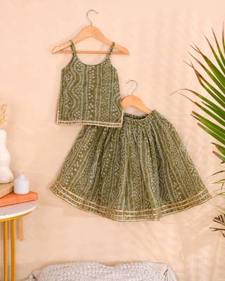 Olive Green Bandhani Kota Doria Crop Top & Flared Skirt Co-ord Set 2