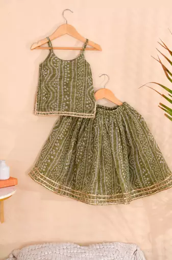 Olive Green Bandhani Kota Doria Crop Top & Flared Skirt Co-ord Set