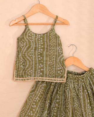Olive Green Bandhani Kota Doria Crop Top & Flared Skirt Co-ord Set 3