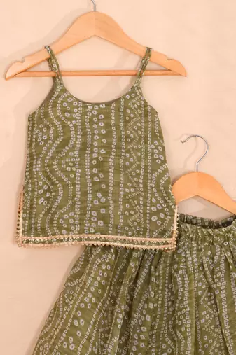 Olive Green Bandhani Kota Doria Crop Top & Flared Skirt Co-ord Set