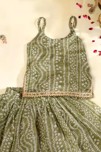 Olive Green Bandhani Kota Doria Crop Top & Flared Skirt Co-ord Set