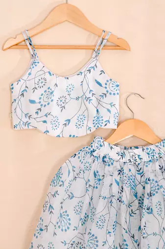 Sky Blue Floral Kota Doria Crop Top & Flared Skirt Set