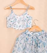 Sky Blue Floral Kota Doria Crop Top & Flared Skirt Set