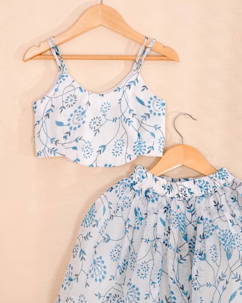 Sky Blue Floral Kota Doria Crop Top & Flared Skirt Set