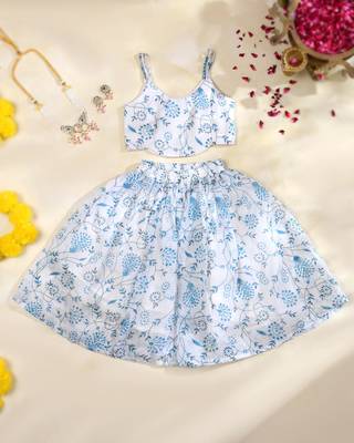 Sky Blue Floral Kota Doria Crop Top & Flared Skirt Set 2
