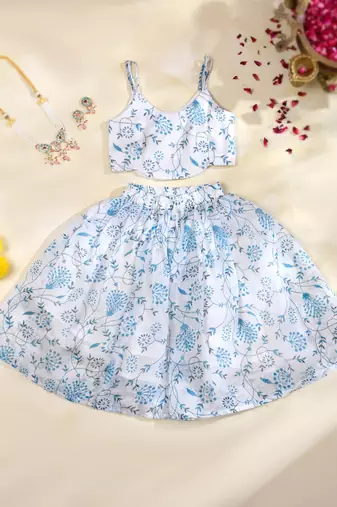 Sky Blue Floral Kota Doria Crop Top & Flared Skirt Set