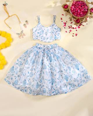 Sky Blue Floral Kota Doria Crop Top & Flared Skirt Set 3