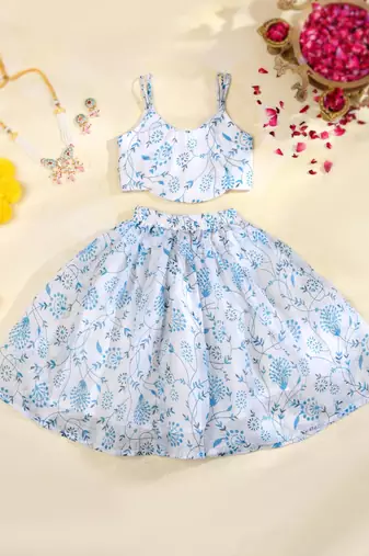 Sky Blue Floral Kota Doria Crop Top & Flared Skirt Set
