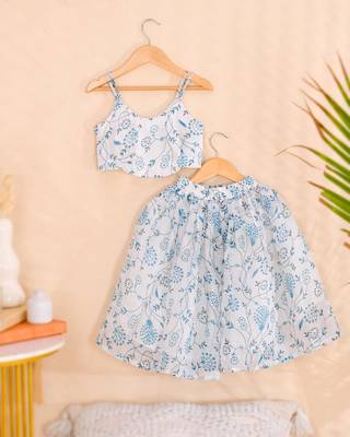 Sky Blue Floral Kota Doria Crop Top & Flared Skirt Set 4