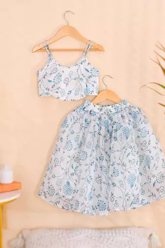Sky Blue Floral Kota Doria Crop Top & Flared Skirt Set