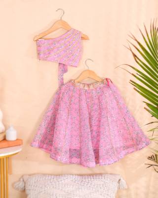 Pink Floral Kota Doria Gota Patti Crop Top & Flared Skirt Set 1