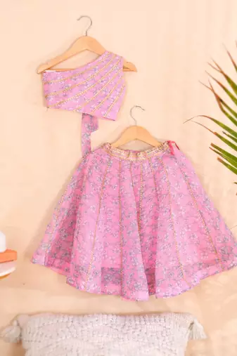 Pink Floral Kota Doria Gota Patti Crop Top & Flared Skirt Set