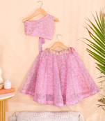 Pink Floral Kota Doria Gota Patti Crop Top & Flared Skirt Set