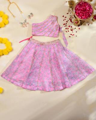 Pink Floral Kota Doria Gota Patti Crop Top & Flared Skirt Set 2