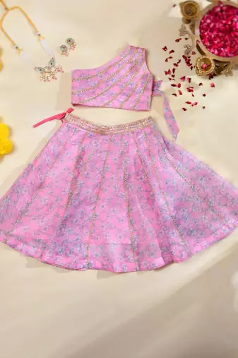 Pink Floral Kota Doria Gota Patti Crop Top & Flared Skirt Set