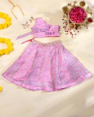 Pink Floral Kota Doria Gota Patti Crop Top & Flared Skirt Set 3