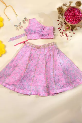 Pink Floral Kota Doria Gota Patti Crop Top & Flared Skirt Set