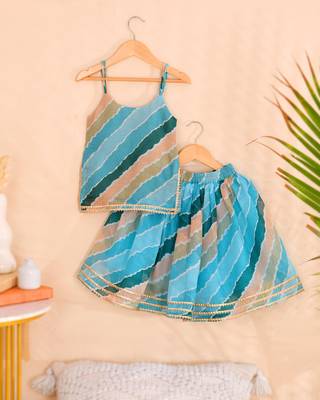 Sky Blue Leheriya Kota Doria Crop Top & Flared Skirt Set 1