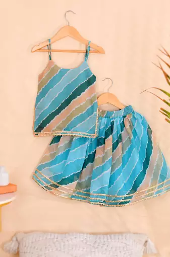 Sky Blue Leheriya Kota Doria Crop Top & Flared Skirt Set