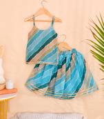 Sky Blue Leheriya Kota Doria Crop Top & Flared Skirt Set