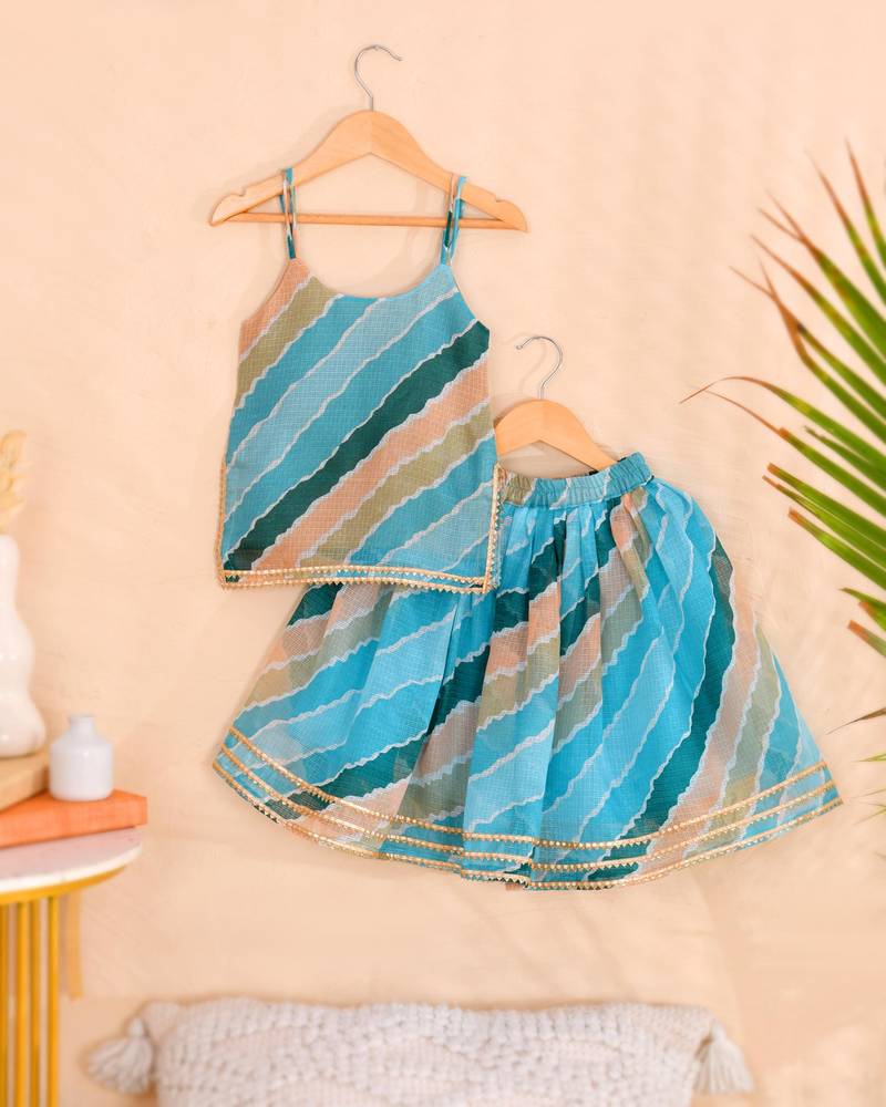 Sky Blue Leheriya Kota Doria Crop Top & Flared Skirt Set