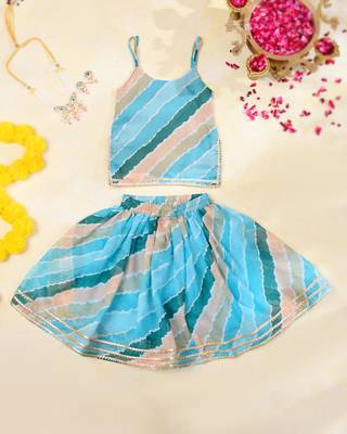 Sky Blue Leheriya Kota Doria Crop Top & Flared Skirt Set 2