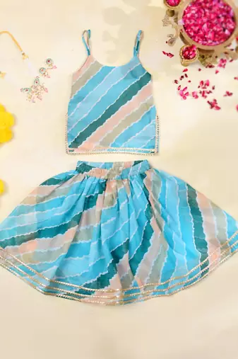 Sky Blue Leheriya Kota Doria Crop Top & Flared Skirt Set