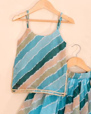 Sky Blue Leheriya Kota Doria Crop Top & Flared Skirt Set 3