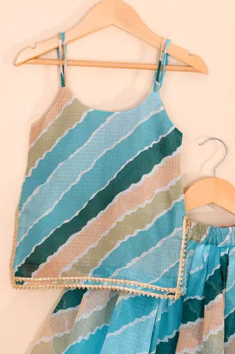 Sky Blue Leheriya Kota Doria Crop Top & Flared Skirt Set