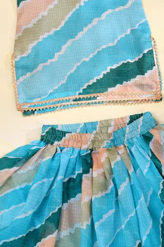 Sky Blue Leheriya Kota Doria Crop Top & Flared Skirt Set