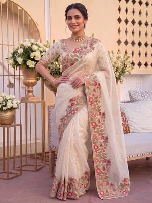 pleasing cream c-pallu embroidery with piping border fendy satin latest designer indian ceremonial saree 1