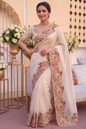 pleasing cream c-pallu embroidery with piping border fendy satin latest designer indian ceremonial saree